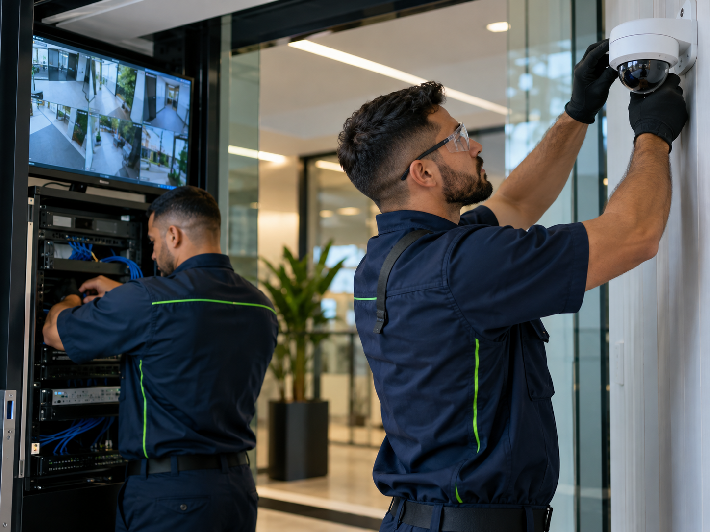 Representação visual de técnicos executando instalação de segurança eletrônica
