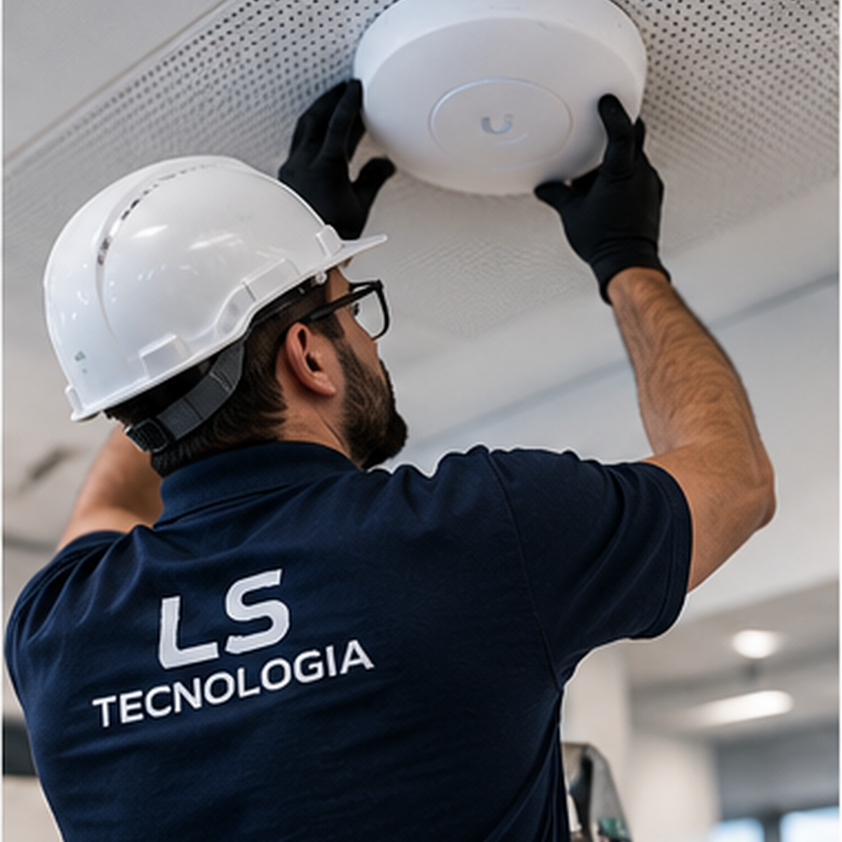 Representação visual de técnicos instalando infraestrutura de rede Wi-Fi