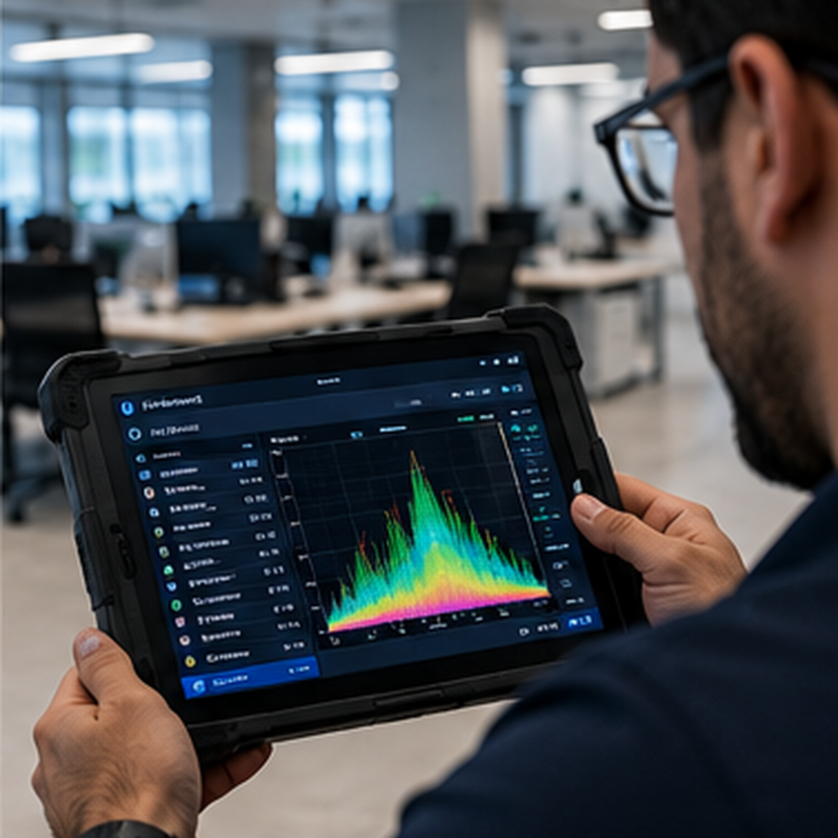 Representação visual de validação e análise de rede Wi-Fi corporativa